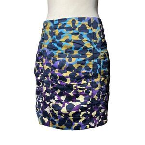 Nanette Lepore Multi color Print Skirt Navy Cream Purple Blue Ruched Size 6